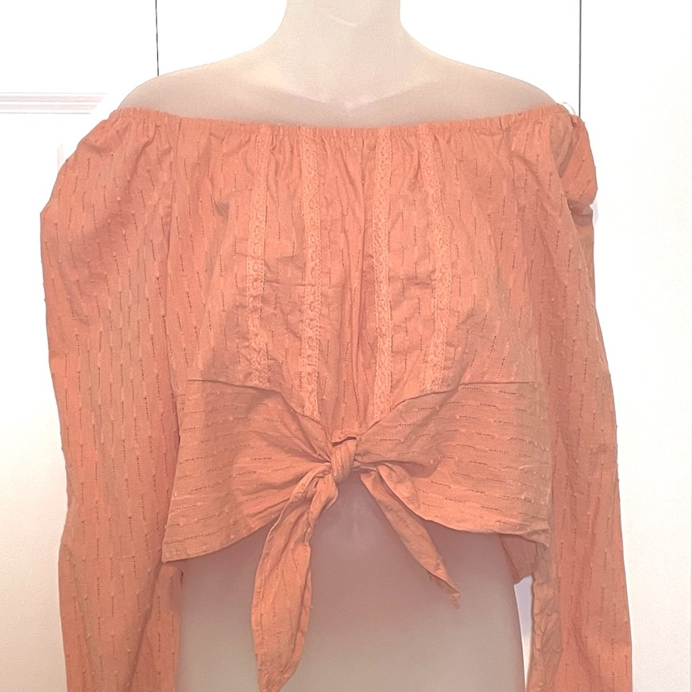 Peach Crop Top Off-the-Shoulder Lace Eyelet Long Sleeve Large